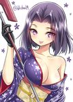  :p breasts cleavage collarbone gloves hair_intakes holding japanese_clothes kantai_collection kase_daiki kimono large_breasts looking_at_viewer off_shoulder polearm purple_eyes purple_hair short_hair solo spear tatsuta_(kantai_collection) tongue tongue_out twitter_username weapon wide_sleeves 