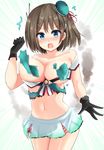  blue_eyes breasts brown_hair exploding_clothes hair_ornament hat kantai_collection large_breasts maya_(kantai_collection) mini_hat navel neneru open_mouth remodel_(kantai_collection) short_hair skirt solo torn_clothes 