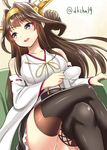  boots breasts brown_eyes brown_hair crossed_legs cup detached_sleeves drink hairband japanese_clothes kantai_collection kase_daiki kongou_(kantai_collection) large_breasts long_hair looking_away miniskirt nontraditional_miko sitting skirt solo teacup thigh_boots thighhighs thighs twitter_username wide_sleeves zettai_ryouiki 