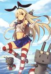  anchor_hair_ornament ankle_boots bare_shoulders black_panties blonde_hair blue_skirt blue_sky boots bow cloud crop_top day elbow_gloves gloves grey_eyes grey_footwear grin hair_bow hair_ornament hairband hand_in_hair highleg highleg_panties kantai_collection leg_up lifebuoy long_hair looking_at_viewer microskirt midriff navel neckerchief ocean one_eye_closed panties pleated_skirt rensouhou-chan sailor_collar saiste shimakaze_(kantai_collection) shiny shiny_skin skirt sky smile striped striped_legwear thighhighs underwear white_gloves 