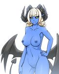  1girl black_sclera blonde_hair blue_skin breasts demon_girl drill green_eyes hair horns large_breasts less monster_girl nipples nude original original_character pointy_ears pussy tail uncensored white_hair wings 