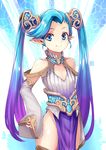  bare_shoulders blue_eyes blue_hair cleavage_cutout fang gradient_hair highres hiroki_(hirokiart) long_hair looking_at_viewer multicolored_hair original pointy_ears purple_hair smile solo twintails 