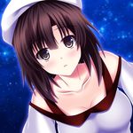  bangs blush breasts brown_eyes brown_hair cleavage collarbone eyebrows_visible_through_hair hat karin_(rei862) katou_megumi large_breasts looking_at_viewer night off_shoulder open_mouth saenai_heroine_no_sodatekata short_hair sky solo star_(sky) starry_sky upper_body white_hat 