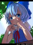  :c artist_name blue_eyes blue_hair border bow cirno colorized dated dress hair_bow puffy_sleeves pyonsuke_(pyon2_mfg) short_hair short_sleeves sketch solo sunlight table touhou tree_shade vest 