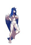  2015 abs anthro blue_hair breasts canine green_eyes hair lost-paw mammal muscles nipples nude plain_background pussy tala_(suntattoowolf) white_background wings wolf 
