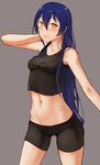  bike_shorts blue_hair breasts brown_eyes crop_top long_hair love_live! love_live!_school_idol_project midriff navel noccu small_breasts smile solo sonoda_umi tank_top 