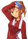  bad_id bad_pixiv_id blush brown_eyes brown_hair can gym_uniform jacket kinta_(distortion) long_sleeves looking_at_viewer one_eye_closed open_mouth original ponytail short_hair simple_background solo sweat towel track_jacket upper_body white_background white_towel 