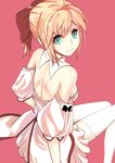 absurdres ahoge artoria_pendragon_(all) bare_back bare_shoulders blonde_hair dalan detached_sleeves dress fate/stay_night fate/unlimited_codes fate_(series) from_behind green_eyes hair_ribbon highres ponytail ribbon saber saber_lily smile solo 
