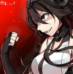  black_hair clenched_hand fingerless_gloves gloves grin jiiwara kantai_collection long_hair looking_away nagato_(kantai_collection) red_background red_eyes smile twitter_username 