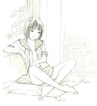  barefoot monochrome original school_uniform short_hair sitting sketch solo traditional_media yoshitomi_akihito 