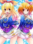  :d aikatsu! aikatsu!_(series) bow commentary_request hair_ribbon hoshimiya_ichigo kashiwagi_minato multiple_girls oozora_akari open_mouth pink_bow ribbon school_uniform skirt smile starlight_academy_uniform 