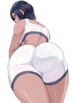  ass ass_focus bare_shoulders bike_shorts black_hair blue_eyes breasts dark_skin large_breasts looking_at_viewer looking_back looking_down miyamoto_issa original pantylines short_hair simple_background solo sports_bra thighs tight underwear white_background 