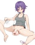  1girl artist_request bottomless breasts censored character_request erect_nipples fanning feet foreskin futanari large_testicles penis purple_hair short_hair solo source_request spread_legs sweat testicles thighs underwear 