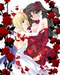  artoria_pendragon_(all) black_hair blonde_hair blue_eyes breasts cum cum_on_body cum_on_breasts cum_on_upper_body dress fate/hollow_ataraxia fate/stay_night fate_(series) flower multiple_girls nipples red_flower red_rose rikky rose saber small_breasts toosaka_rin two_side_up 