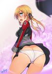  ass blonde_hair blue_eyes blush butt_crack def_(chronowarld) from_behind iron_cross kantai_collection long_hair looking_at_viewer looking_back low_twintails panties prinz_eugen_(kantai_collection) signature skirt solo twintails underwear uniform upskirt white_panties 