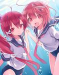  :3 :d holding_hands i-168_(kantai_collection) i-58_(kantai_collection) kantai_collection long_hair multiple_girls open_mouth pink_eyes pink_hair ponytail red_eyes red_hair school_swimsuit school_uniform serafuku short_hair shugao smile swimsuit swimsuit_under_clothes underwater v-shaped_eyebrows 