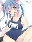  ;d blue_hair blush breasts brown_eyes cleavage clothes_writing covered_navel drop_shadow fang gradient_hair hair_ornament hair_ribbon head_tilt i-19_(kantai_collection) jiiwara kantai_collection large_breasts multicolored_hair one-piece_swimsuit one_eye_closed open_mouth pink_hair ribbon school_swimsuit shadow smile star star-shaped_pupils swimsuit symbol-shaped_pupils torpedo twitter_username v-shaped_eyebrows 