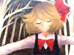  blonde_hair bow closed_eyes dark fang forest hair_bow kichin. long_sleeves nature outstretched_arms peaceful rumia short_hair smile solo touhou tree upper_body vest 