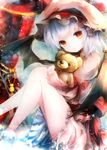  arm_ribbon bare_legs basilis9 bat_wings commentary_request doll_hug dress hat hat_ribbon highres juliet_sleeves long_sleeves looking_at_viewer mob_cap pink_dress puffy_sleeves red_eyes remilia_scarlet ribbon sash silver_hair solo stuffed_animal stuffed_toy teddy_bear touhou wings 