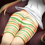  ass bike_shorts blonde_hair cameltoe close-up futaba_anzu idolmaster idolmaster_cinderella_girls long_hair lying matanonki multicolored multicolored_clothes multicolored_shorts on_stomach shorts solo striped striped_bike_shorts trefoil twintails very_long_hair 