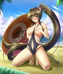  barefoot beach between_breasts blush breasts breasts_outside brown_hair cherry_blossoms clothes_between_breasts cloud covering covering_breasts day embarrassed flower hair_flower hair_intakes hair_ornament highres kantai_collection kantai_collection_(anime) kneeling large_breasts long_hair looking_at_viewer navel one-piece_swimsuit open_mouth oriental_umbrella outdoors palm_tree ponytail sand seaside shell shibata_rai sky solo sweat swimsuit tree umbrella very_long_hair water yamato_(kantai_collection) 