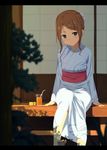  bad_id bad_pixiv_id barefoot bendy_straw blurry blush brown_eyes brown_hair cup depth_of_field drinking_straw hair_up japanese_clothes kimono kinta_(distortion) letterboxed looking_at_viewer obi original pout sash shade short_hair sidelocks sitting solo toes tree_shade veranda yukata 