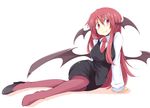  arm_support bat_wings blush chata_maru_(irori_sabou) head_wings high_heels koakuma long_hair long_sleeves looking_at_viewer maroon_legwear necktie pantyhose pencil_skirt red_eyes red_hair red_neckwear shoes single_shoe skirt smile solo touhou vest wings 