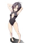  antenna_hair arms_behind_head arms_up barefoot black_eyes black_hair breasts center_opening covered_navel front_zipper_swimsuit grin highres idolmaster idolmaster_(classic) k-you_(pixiv) kikuchi_makoto looking_at_viewer meme_attire one-piece_swimsuit pigeon-toed short_hair simple_background small_breasts smile solo standing swimsuit white_background 