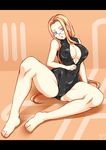  areola_slip areolae bare_legs barefoot blonde_hair blue_eyes breasts front_zipper_swimsuit head_tilt large_breasts letterboxed long_hair meme_attire nail_polish one-piece_swimsuit original osafune_kairi sitting solo spread_legs swimsuit very_long_hair 