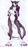  5_fingers 5_toes anthro bare_chest belly big_breasts big_feet big_thighs black_body black_fur breasts caleb_magness claws collar eastern_sergal eyelashes female fluffy fur hair jewelry long_hair long_tail navel nude pussy red_eyes serenia serenia25 sergal smile smirk solo standing teasing teeth toes traditional_media_(artwork) tuft voluptuous white_fur wide_hips 