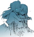  closed_eyes double_bun duplicate gloves glowing glowing_eyes hug kantai_collection light_cruiser_oni long_hair monochrome mori_(unknown.) multiple_girls sendai_(kantai_collection) shinkaisei-kan uniform 