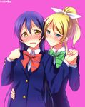  ayase_eli blazer blonde_hair blue_eyes blue_hair blush hair_between_eyes hair_ribbon hands_on_another's_hips highres holding_hands jacket long_hair looking_at_another love_live! love_live!_school_idol_project multiple_girls otonokizaka_school_uniform pink_background ponytail ribbon school_uniform simple_background smile sonoda_umi wavy_mouth white_ribbon yellow_eyes yu-ta yuri 