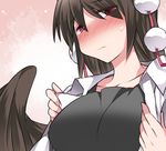  black_hair black_wings breasts commentary hammer_(sunset_beach) looking_at_viewer medium_breasts open_clothes open_shirt pom_pom_(clothes) red_eyes shameimaru_aya shirt short_hair solo touhou undershirt undressing upper_body wings 