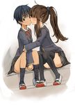  black_hair blush brown_hair closed_eyes ei_(ss4) highres imminent_kiss long_hair multiple_girls open_mouth original panties pantyshot pantyshot_(sitting) ponytail school_uniform shoes short_hair sitting underwear uwabaki very_short_hair yuri 