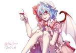  alcohol augetsix bad_id bad_twitter_id bat_wings blue_hair bow cup dated drinking_glass fangs fingernails hat hat_bow long_fingernails mob_cap nail_polish open_mouth puffy_sleeves red_eyes remilia_scarlet shirt short_hair short_sleeves simple_background sitting skirt skirt_set smile solo touhou twitter_username upskirt white_background wine wine_glass wings 