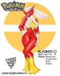  anthro avian bird blaziken breasts chicken english_text female larsen_(artist) looking_at_viewer nintendo pok&eacute;ball pok&eacute;mon red_feathers solo standing text video_games yellow_feathers 