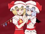  :o bat_wings blush commentary_request fang flandre_scarlet hat holding_hands looking_at_viewer mob_cap multiple_girls open_mouth red_background remilia_scarlet seo_haruto siblings simple_background sisters touhou upper_body wings 