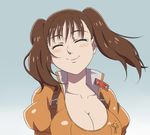  ^_^ blush breasts brown_hair buckle cleavage closed_eyes collarbone diane_(nanatsu_no_taizai) highres large_breasts long_hair nanatsu_no_taizai pitecube puffy_sleeves shiny shiny_clothes shiny_hair short_sleeves smile solo twintails upper_body 