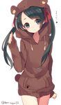  :3 animal_costume bear_costume bear_hood black_hair hair_ribbon hood hoodie kantai_collection long_hair mikuma_(kantai_collection) paw_print ribbon shugao smile twintails twitter_username 