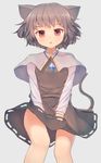  animal_ears blurry capelet chestnut_mouth grey_hair highres jewelry long_sleeves looking_at_viewer mouse_ears mouse_tail nazrin necklace open_mouth red_eyes shirt shone short_hair simple_background skirt skirt_set solo tail touhou upskirt vest 