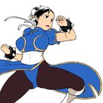  black_hair boots bracelet breasts bun_cover china_dress chinese_clothes chun-li double_bun dress eyeliner fighting_stance jewelry knee_boots large_breasts lips makeup pantyhose pelvic_curtain puffy_sleeves sash short_hair solo spiked_bracelet spikes street_fighter tsukudani_(coke-buta) 