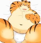  2015 96tning anthro bed blush bulge clothed clothing feline humanoid_hands male mammal navel overweight overweight_male pink_nose solo tiger topless underwear 
