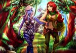  blonde_hair blue_eyes blue_skin breasts cherry_in_the_sun cleavage defense_of_the_ancients dota_2 green_eyes holding_hands large_breasts long_hair lyralei medium_breasts multiple_girls navel red_hair traxex 