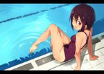  arm_support arm_up bad_id bad_pixiv_id barefoot blush breasts competition_swimsuit from_above from_behind kinta_(distortion) leaning_back letterboxed looking_at_viewer looking_back medium_breasts one-piece_swimsuit one_eye_closed open_mouth original plantar_flexion pool poolside purple_eyes purple_hair ripples short_hair sitting smile soaking_feet solo swimsuit tan tanline water wet 