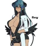  areola_slip areolae black_wings blue_hair blush breasts brown_eyes demon_girl demon_horns demon_tail feathered_wings horns large_breasts long_hair low_wings oshiruko_(tsume) short_shorts shorts simple_background solo tail unzipped white_background wings zipper 
