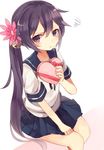  akebono_(kantai_collection) bell blush box flower gift hair_bell hair_flower hair_ornament heart-shaped_box jingle_bell kantai_collection long_hair pleated_skirt purple_eyes purple_hair school_uniform serafuku shugao side_ponytail sitting skirt solo uniform 