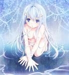  arm_support aruciii bangs barefoot blue_eyes blue_hair breasts eyebrows_visible_through_hair hair_between_eyes hair_ornament hairclip leaning_forward long_hair looking_at_viewer medium_breasts mouth_hold nipples nude original ribbon snowflakes solo 