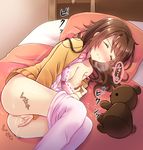  bed between_legs blush bow bow_bra bra bra_pull breasts brown_hair closed_eyes clothed_masturbation fingering hand_between_legs idolmaster idolmaster_cinderella_girls long_hair lying masturbation medium_breasts messy_hair nipple_tweak nipples on_side pajamas pajamas_pull pink_bra pussy pussy_juice serino_itsuki shimamura_uzuki solo stuffed_animal stuffed_toy teddy_bear underwear 