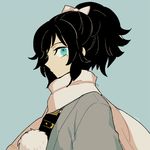  aqua_eyes black_hair blue_background haori high_ponytail japanese_clothes l_hakase lowres male_focus mole mole_under_eye pom_pom_(clothes) profile scarf simple_background solo touken_ranbu upper_body white_scarf yamato-no-kami_yasusada 