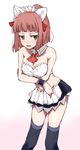  animal_ears apron bangs blunt_bangs blush breast_hold breasts cat_ears chinchilla detached_collar frills green_eyes hair_bun hair_ribbon leaning_forward looking_to_the_side maid_bikini maid_headdress red_hair ribbon saki short_hair solo thighhighs usuzawa_sae waist_apron 